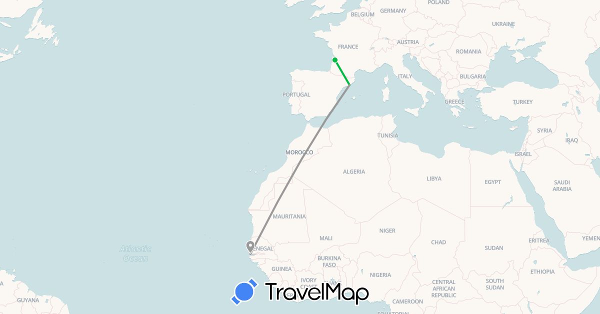 TravelMap itinerary: driving, bus, plane in Spain, France, Gambia (Africa, Europe)